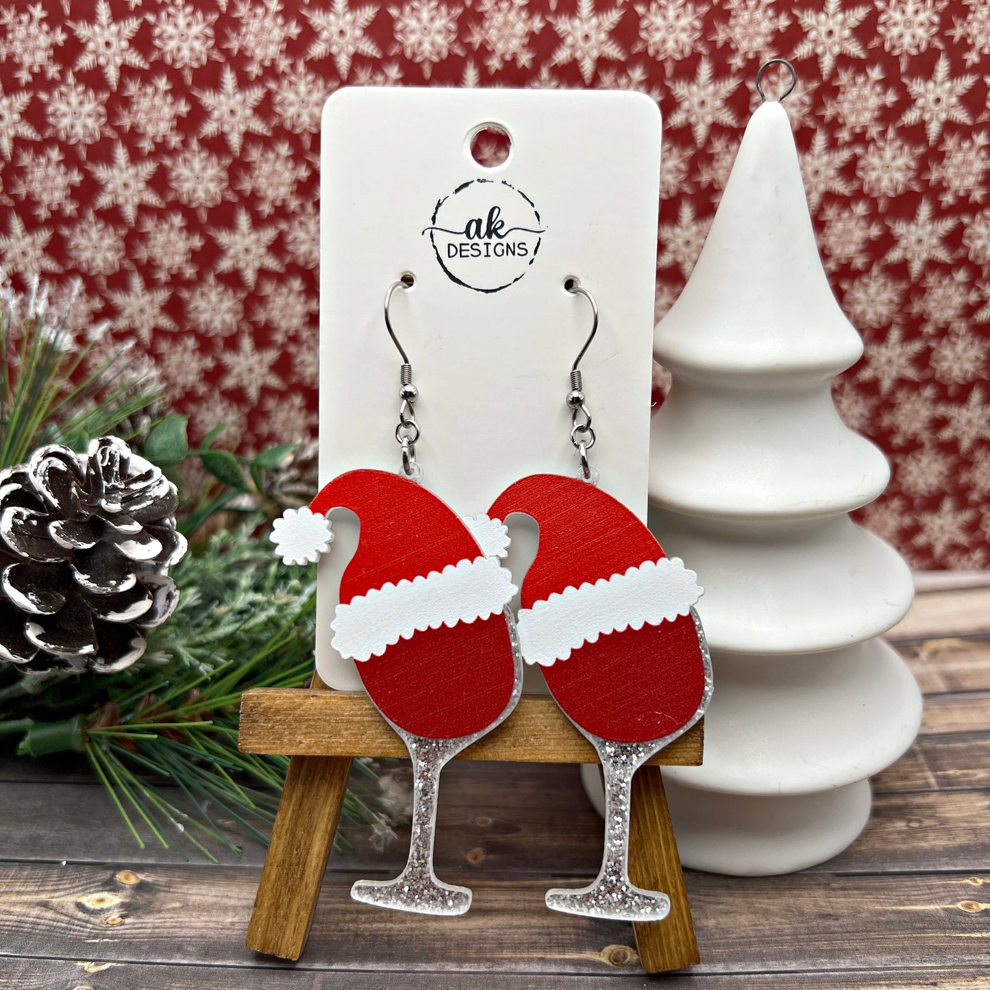 Santa Hat Red Wine Glitter Oversized Acrylic Stainless Steel Dangle Earrings, Hypoallergenic Holiday Gift