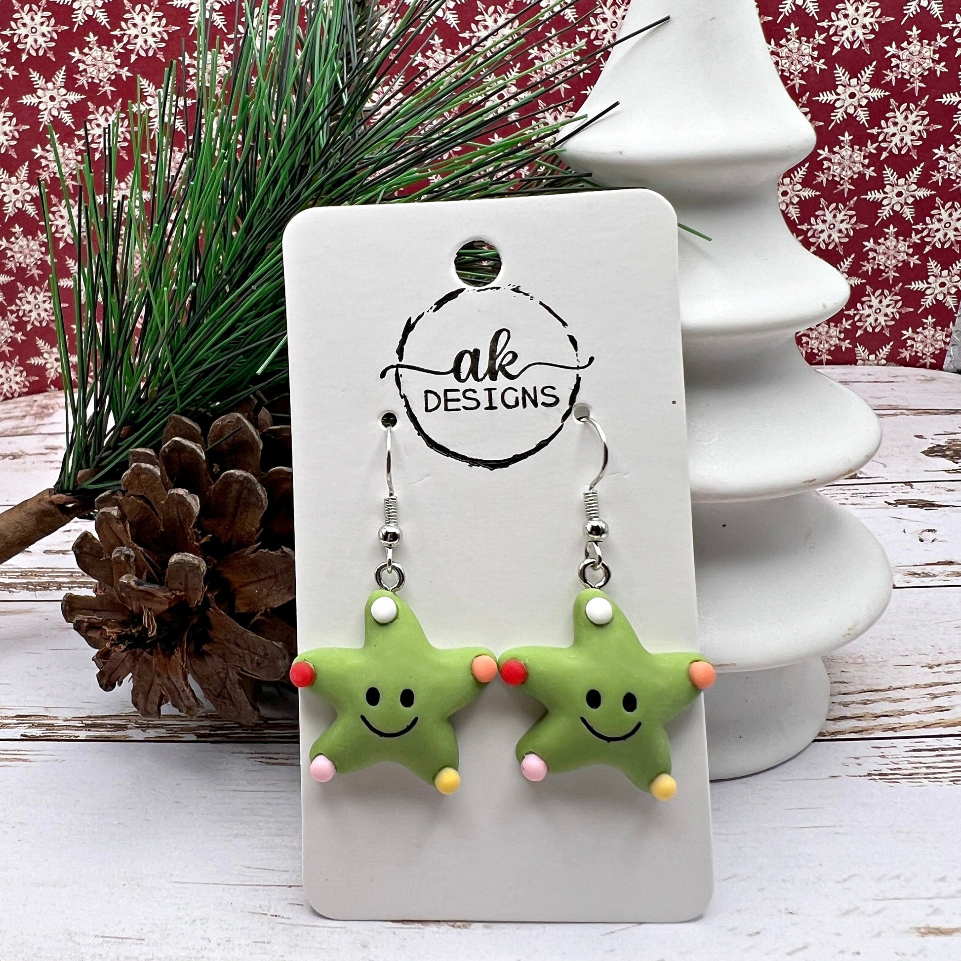 Christmas Star Smiling Kawaii Cartoon Resin Dangle Hypoallergenic Holiday Earrings