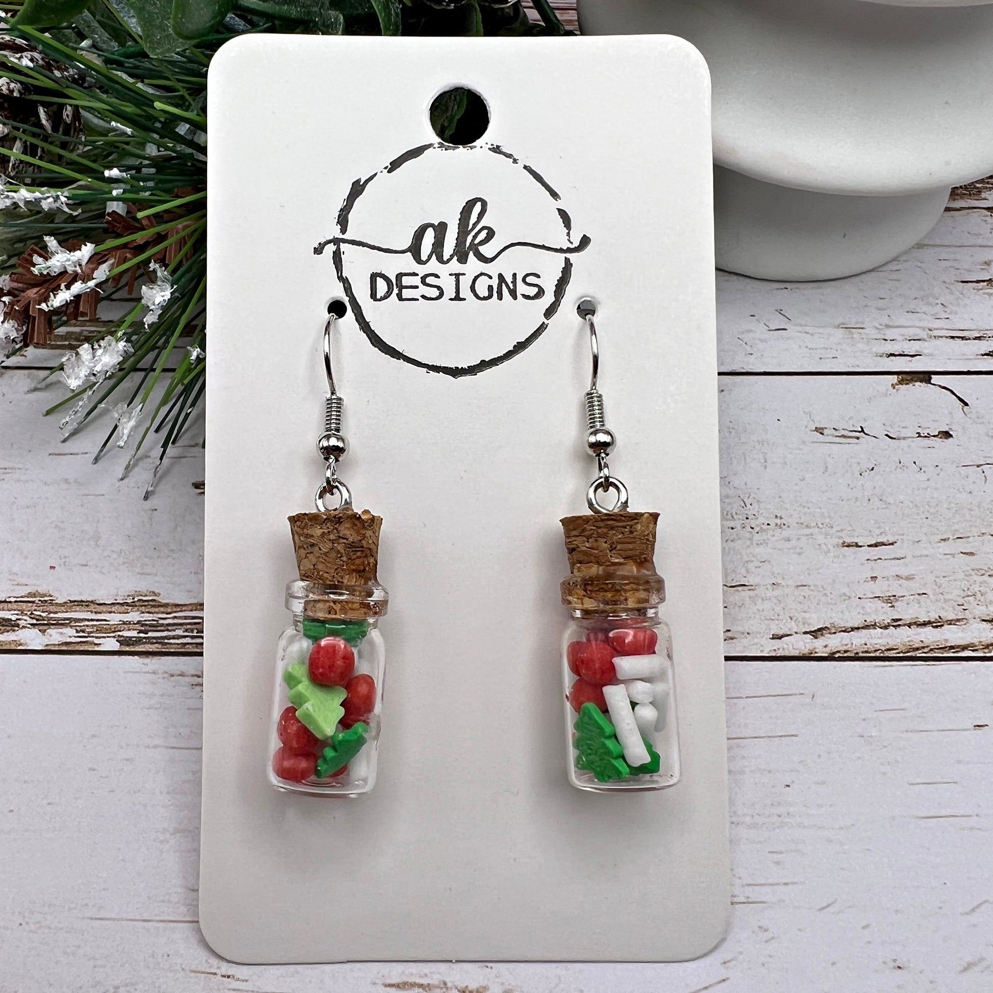 Christmas Sprinkle Jar Handmade Red White Green Hypoallergenic Dangle Holiday Earrings