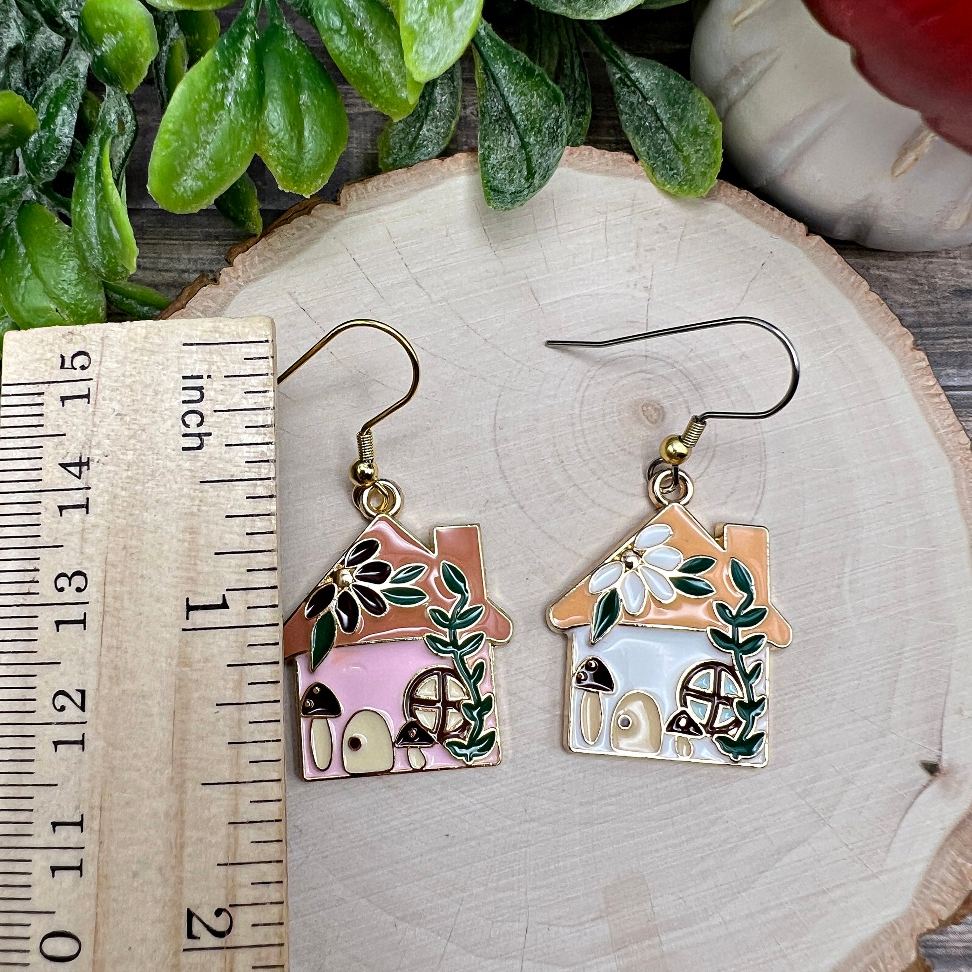 Cottage Mushroom Cabin Dangle Two-tone or Goldtone Dangle Earrings, Hypoallergenic Gift, Hippie Boho Cottagecore