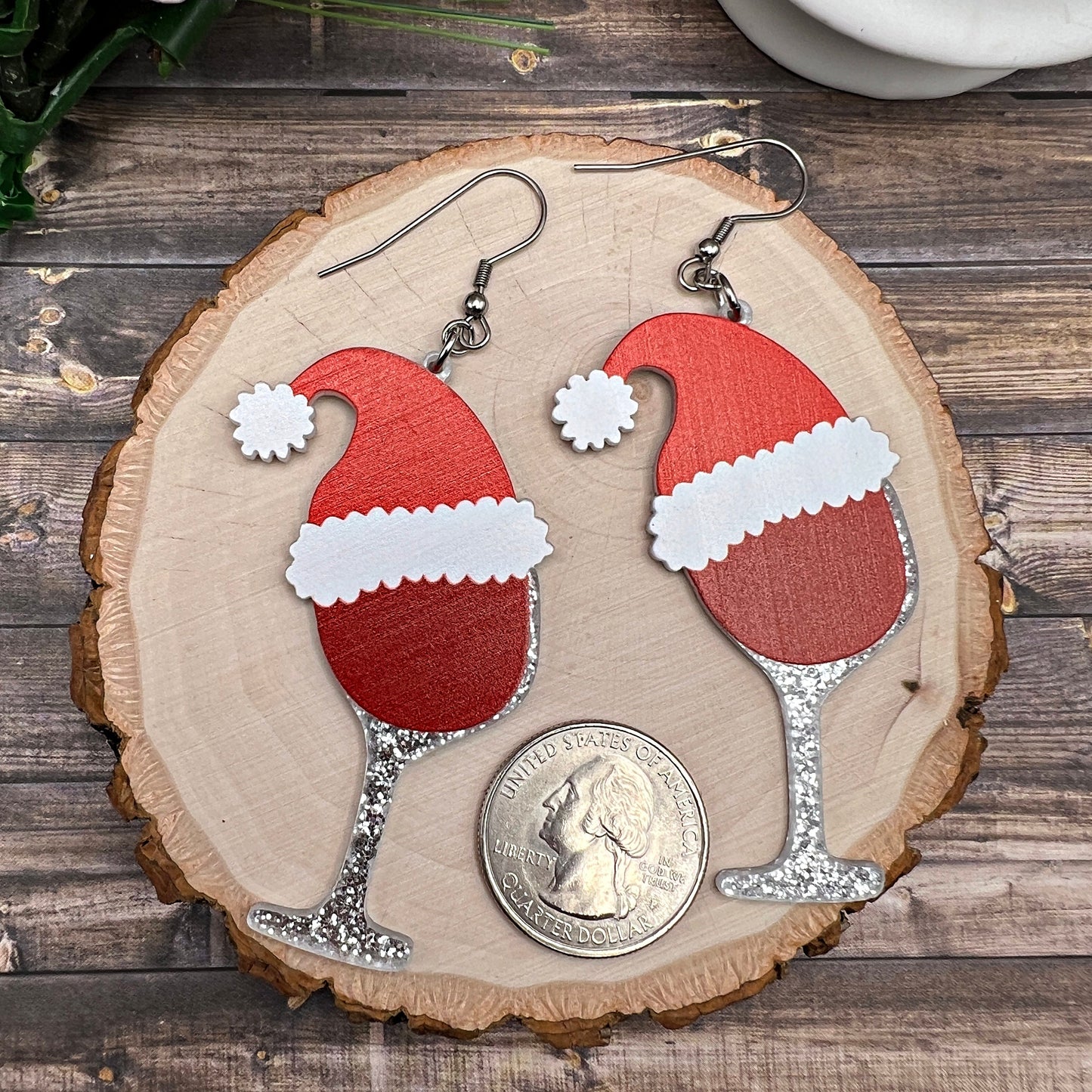 Santa Hat Red Wine Glitter Oversized Acrylic Stainless Steel Dangle Earrings, Hypoallergenic Holiday Gift
